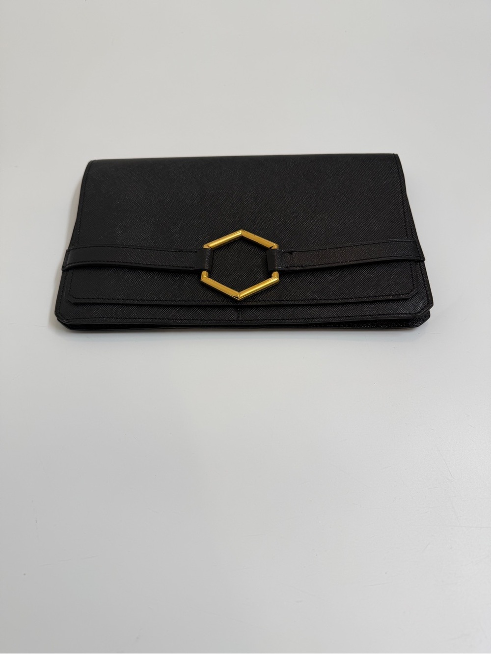 Vintage Christian Dior Black Leather Hexagon Buckle Clutch Wallet Pairs